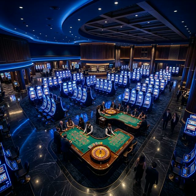 Sala de casino iluminada con tonos azules